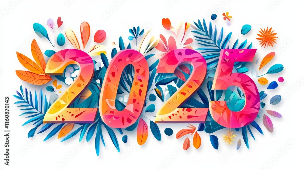 Fototapeta premium Happy New Year 2025. Modern colorful lettering design. Bright color numbers on white background.