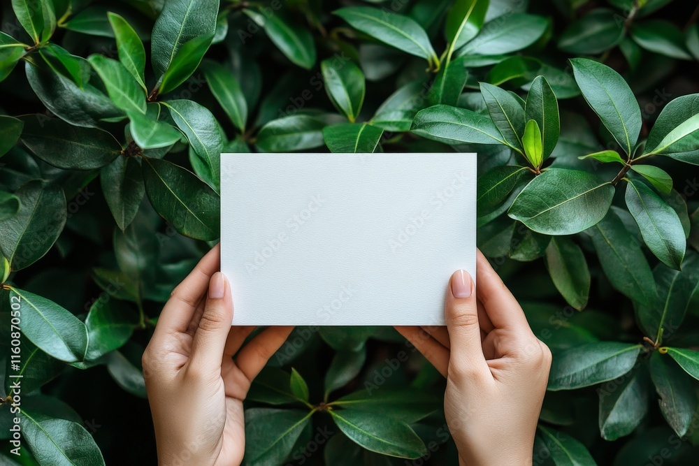Hands holding a blank card surrounded by lush green leaves in a natural setting during daytime Hands holding a blank card surrounded by lush green leaves in a natural setting during daytime