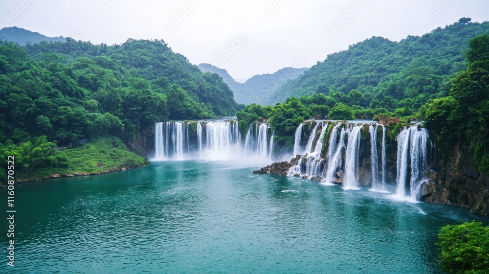 Fototapeta premium Majestic Waterfall Cascading Down Rugged Cliffs Surrounded by Lush Greenery and Mist Creating a Breathtaking Landscape Scene