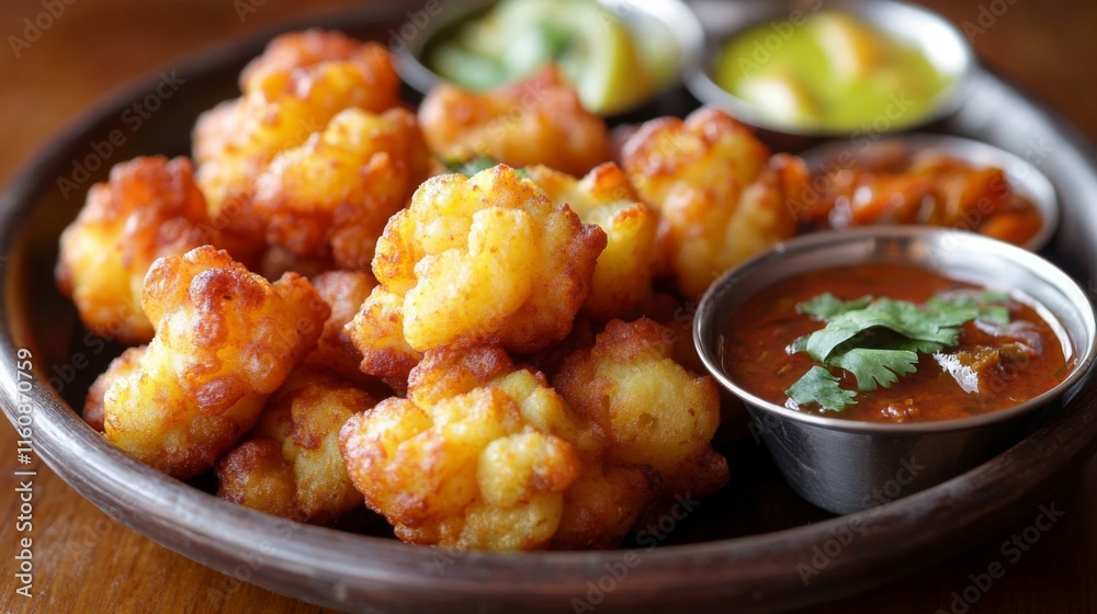 Crispy Indian Snack Platter with Fried Cauliflower and Dips Crispy Indian Snack Platter with Fried Cauliflower and Dips