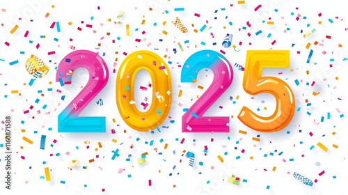Happy New Year 2025. Modern colorful lettering design. Bright color numbers on white background.