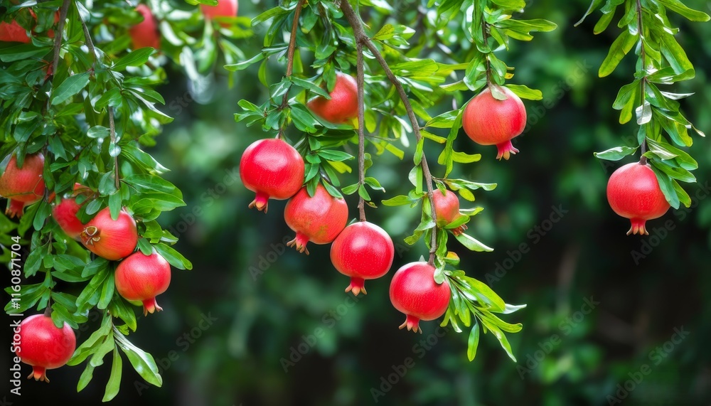 Obraz premium green branches of trees hanging with pomegranate fruits