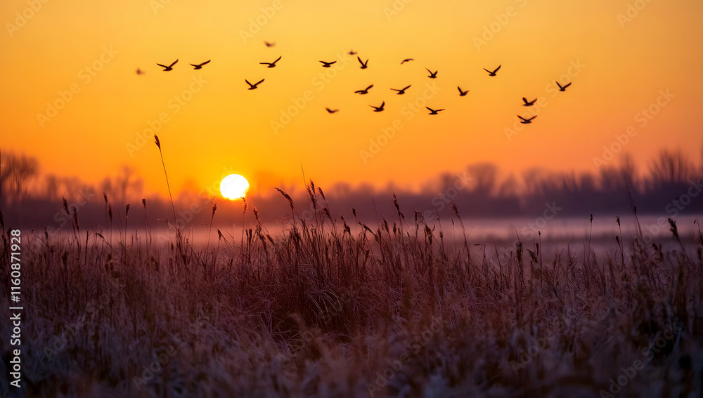 Obraz premium Golden Sunrise Over Frosty Field with Birds in Flight – Serene Nature Background Perfect for Inspirational Designs, Scenic Landscape Photography, and Eco-Friendly Branding Projects