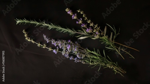 Aromatic herbs, lavender, rosemary, and grass on black background.