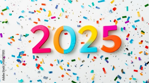 Happy New Year 2025. Modern colorful lettering design. Bright color numbers on white background.