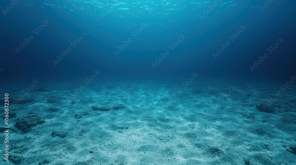 Tranquil view of the ocean floor, showcasing the sandy seabed and a serene gradient of blue light penetrating the water Tranquil view of the ocean floor, showcasing the sandy seabed and a serene gradient of blue light penetrating the water