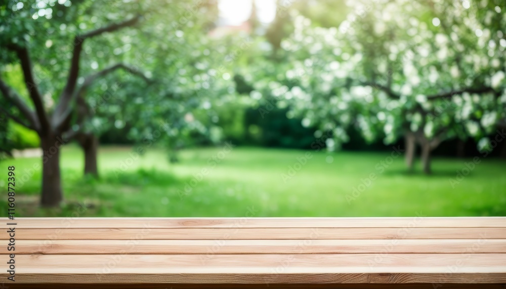 wooden podium table with a vague background of green flowering trees in the background, for product presentation, advertising wooden podium table with a vague background of green flowering trees in the background, for product presentation, advertising