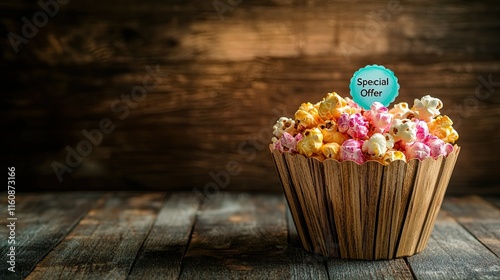 Colorful popcorn collection in a wooden bowl with a special offer sign, perfect for fun events, parties, or movie nights to entice and engage viewers