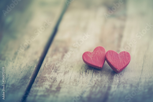 Hearts on Wooden Background – Rustic Valentine's Day Love Illustration - Negative space