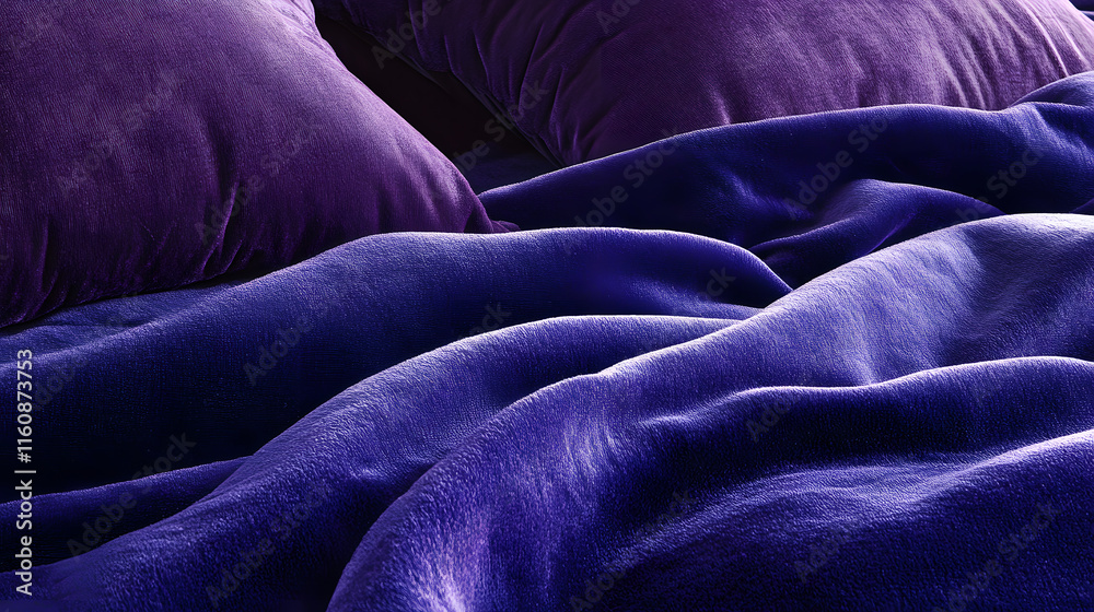 Fototapeta premium Luxurious purple bedding with soft pillows creates cozy atmosphere. rich texture and deep color evoke sense of comfort and relaxation, perfect for restful night