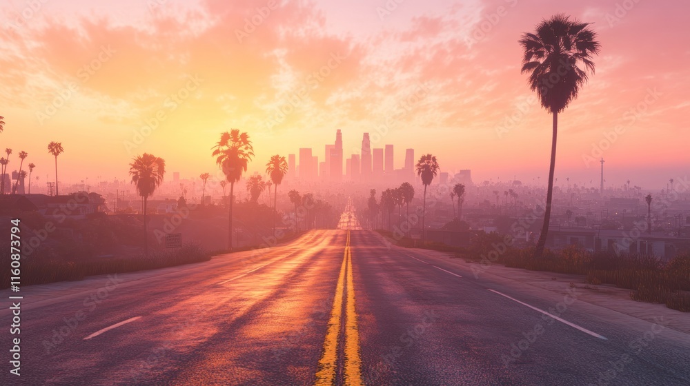 Obraz premium Sunrise over city skyline with palm trees and highway.