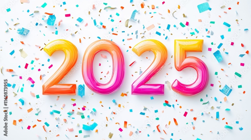 Fototapeta premium Happy New Year 2025. Modern colorful lettering design. Bright color numbers on white background.