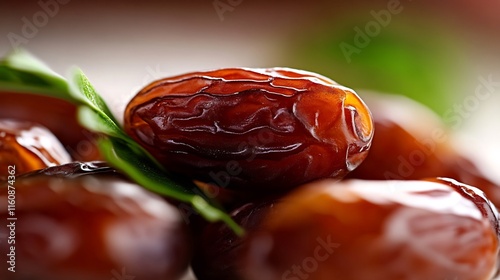 Close-up of Sweet and Juicy Dates with Green Leaves photo