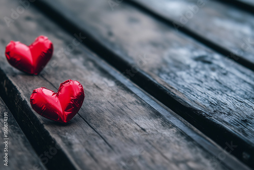 Hearts on Wooden Background – Rustic Valentine's Day Love Illustration - Negative space