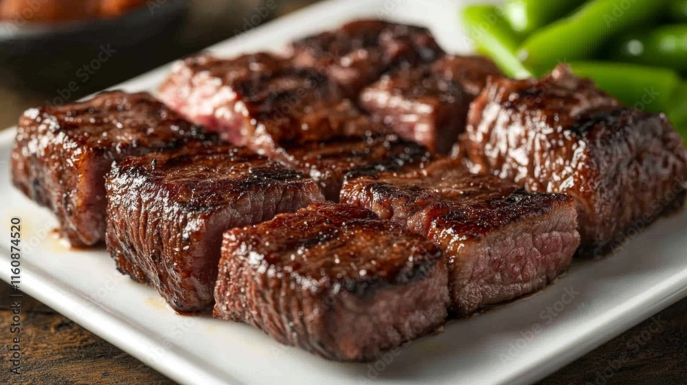 Grilled Beef Steak Pieces on a Plate with Green Vegetables Grilled Beef Steak Pieces on a Plate with Green Vegetables