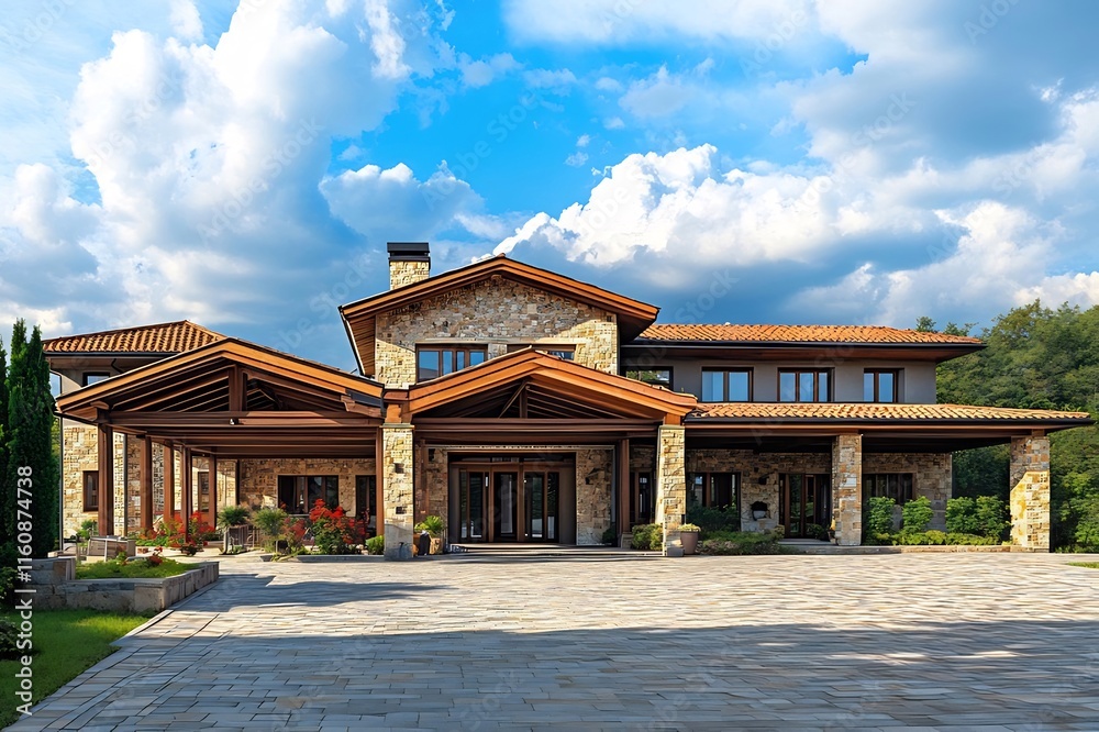 Luxurious stone house with spacious driveway, wooden accents, and landscaped yard under a sunny sky. Luxurious stone house with spacious driveway, wooden accents, and landscaped yard under a sunny sky.