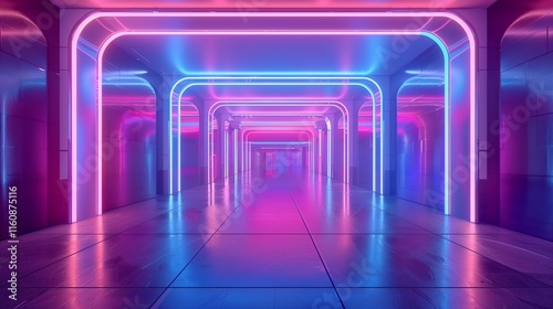 Futuristic room in metaverse, neon accents, abstract 3D background, product display area.