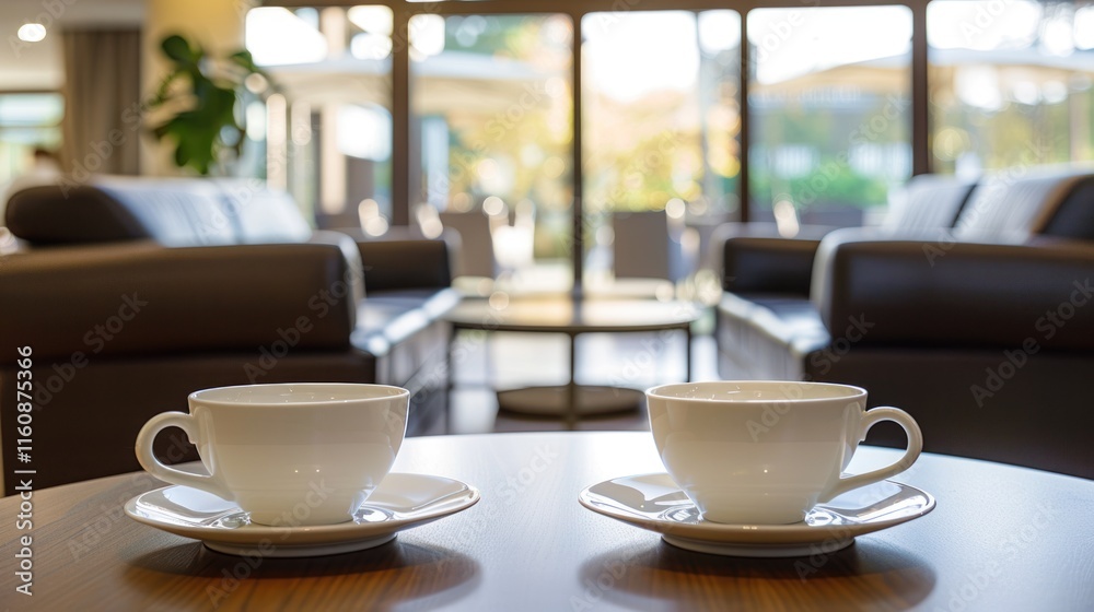 Two white teacups on a wooden table in a modern hotel lobby, overlooking outdoor seating area. Two white teacups on a wooden table in a modern hotel lobby, overlooking outdoor seating area.