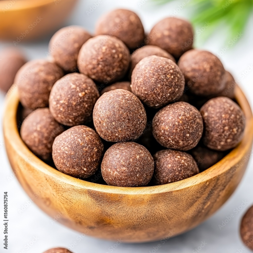 Chocolate truffle balls elegantly presented in a wooden bowl, showcasing rich cocoa flavor and artisanal craftsmanship, perfect for a decadent dessert moment