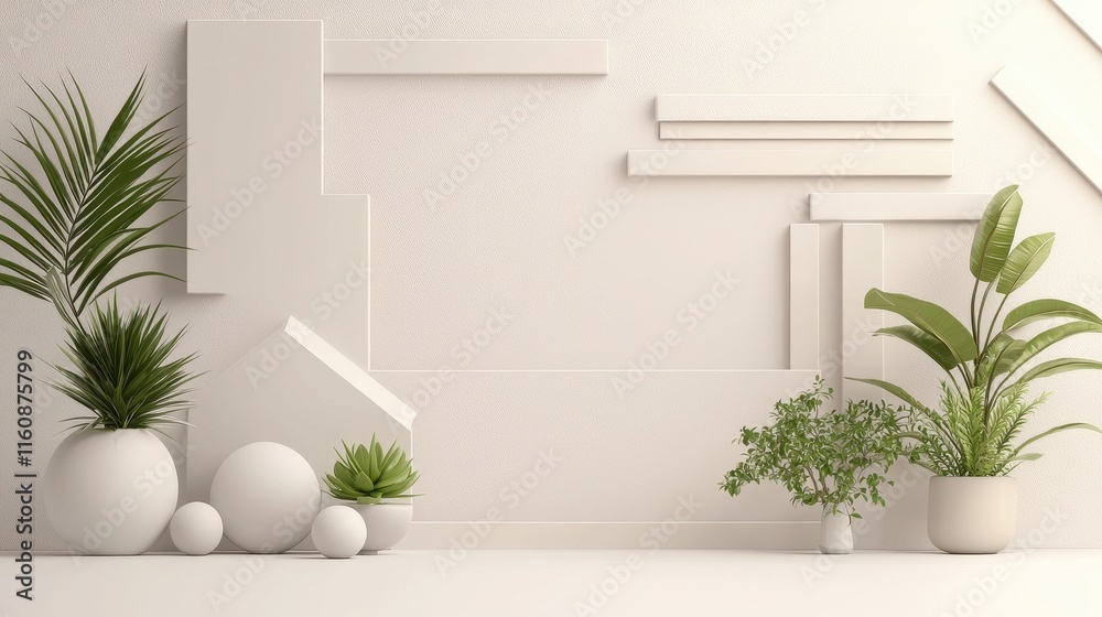 Modern Minimalist Wallpaper with Artistic Shapes and Greenery Modern Minimalist Wallpaper with Artistic Shapes and Greenery