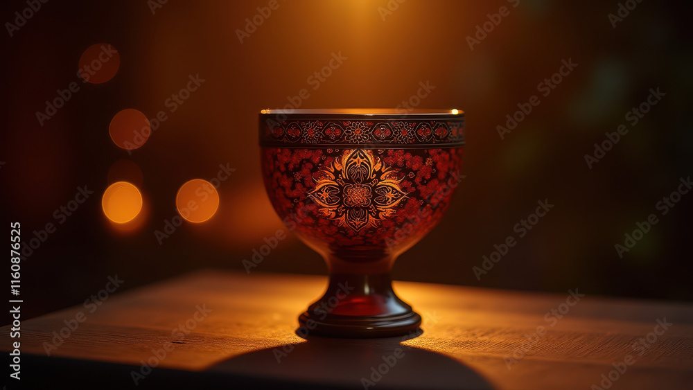 Ornate Red Goblet, Golden Design, Warm Light - Warm Lighting