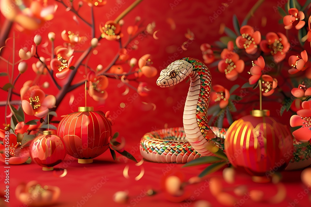 Fototapeta premium Colorful Snake Surrounded by Blossom and Lanterns for New Year Celebration
