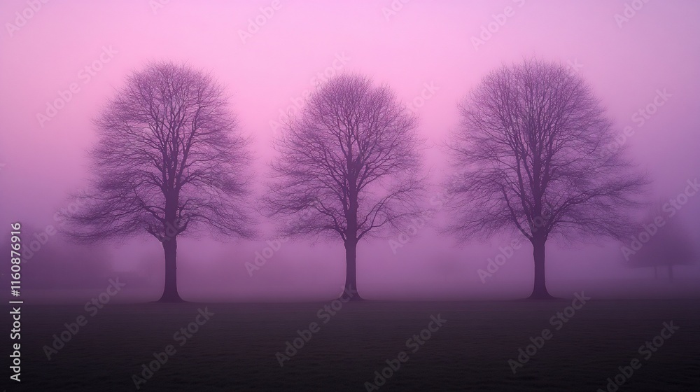 Three bare trees in a purple foggy field at dawn. Three bare trees in a purple foggy field at dawn.