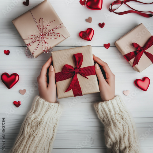 Valentine's Day Flat Lay with Gift Box, Hearts, and Red Roses – Romantic Holiday Design