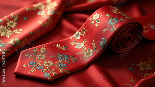 Red Floral Silk Tie, Men's Fashion Accessory - Bold Colors (the ric. photo