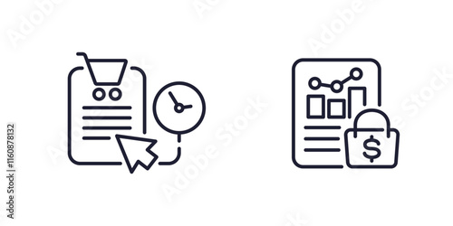 order history line icons, shopping cart and clock, sales vector