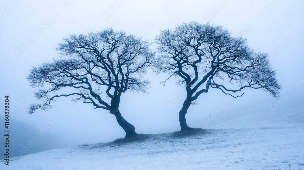 Two bare trees stand side-by-side on a snowy hill in a misty landscape. Two bare trees stand side-by-side on a snowy hill in a misty landscape.