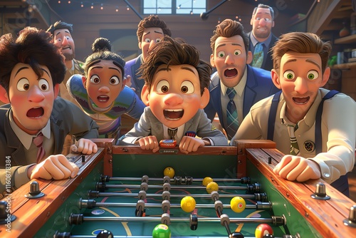 Excited group watching foosball game.