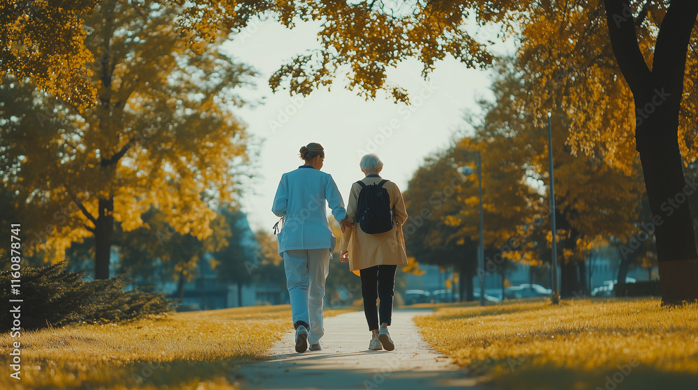 Obraz premium Nurse assisting elderly woman during a healthy walk in a peaceful autumn park, enjoying the golden sunlight and fresh air