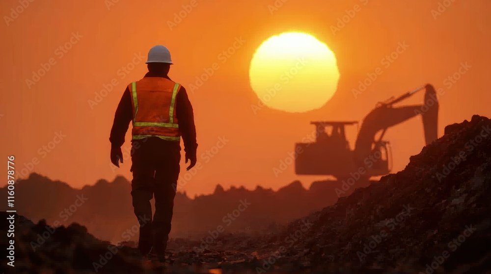 Construction Worker Walking Towards Sunset with Excavator in Background Construction Worker Walking Towards Sunset with Excavator in Background