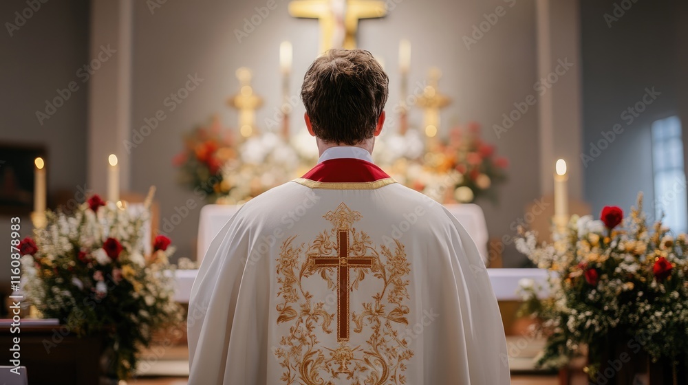 Priest Facing the Altar in a Church Priest Facing the Altar in a Church