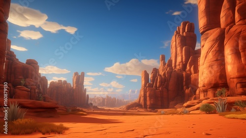 A desert canyon with warm orange rocks and blue skies, backlighting, space on the left for branding,generative ai illustration