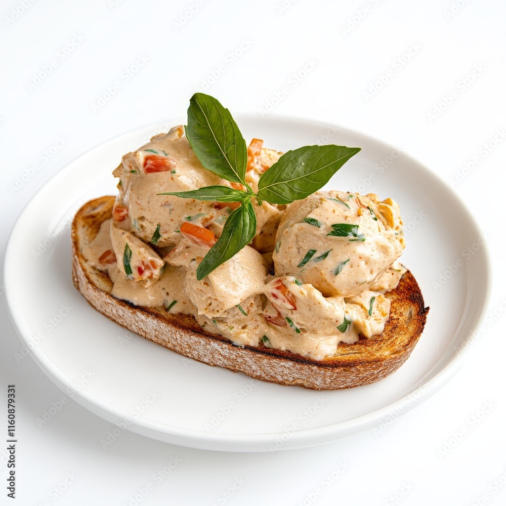 Creamy salmon spread served on whole grain toast garnished with fresh basil leaves, blending nutritious seafood flavors with rustic breakfast or brunch presentation Creamy salmon spread served on whole grain toast garnished with fresh basil leaves, blending nutritious seafood flavors with rustic breakfast or brunch presentation