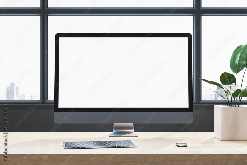 Fototapeta premium Desktop computer with blank screen on wooden desk in modern office interior with large windows, plant, and city view. 3D Rendering