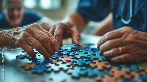 Obraz na płótnie Doctor assisting senior patient in solving jigsaw puzzle, engaging in cognitive therapy and rehabilitation exercises w salonie