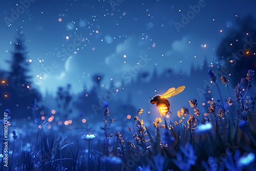 Firefly lit bee in night meadow.