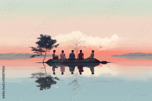 Five figures sit on a small island at sunset, reflecting in calm water.