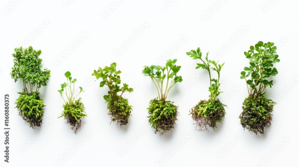 Fototapeta premium Six small green plants growing in moss, arranged in a row on white background.