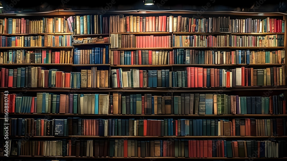 Old books are stacked on shelves in a cozy library atmosphere with warm lighting