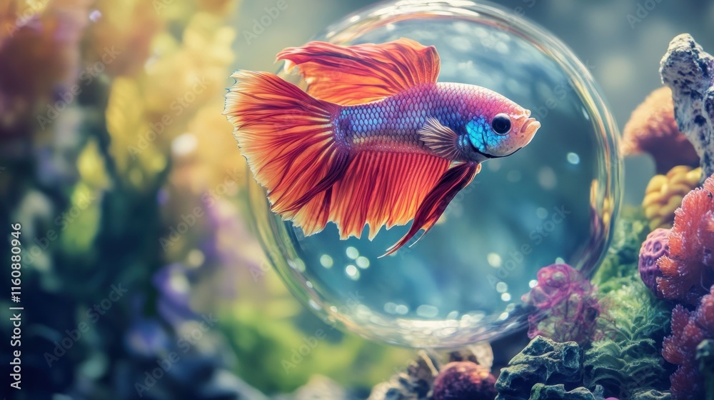 Obraz premium Vibrant betta fish in a glass sphere, surrounded by aquatic plants.