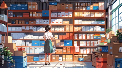 Girl standing in a warehouse looking at shelves full of boxes.