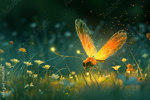 Glowing insect in field of flowers at night.