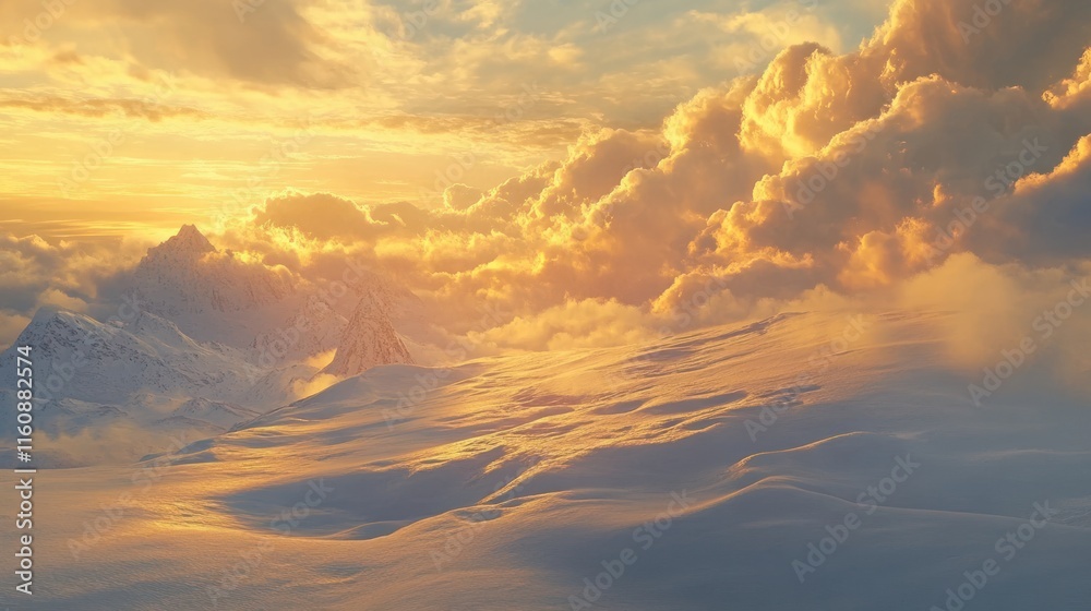 Golden sunset over snow-covered mountains and clouds. Golden sunset over snow-covered mountains and clouds.
