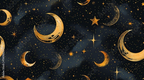 Gold crescent moons and stars on dark background.