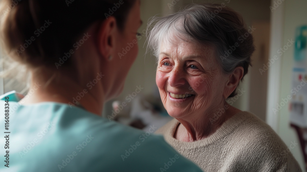 Compassionate nurse providing personalized care to smiling senior patient in bright hospital setting