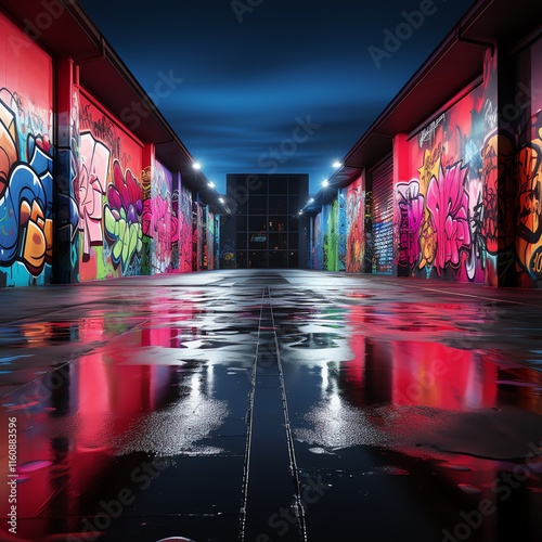 Graffiti-covered alley at night, reflecting in wet pavement.